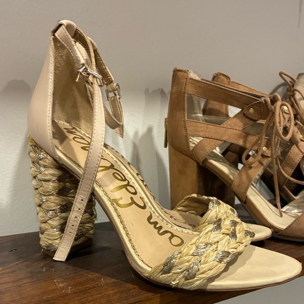 Sam Edelman Yoana Woven Raffia & Leather Ankle Strap Heel Sandals Size 8